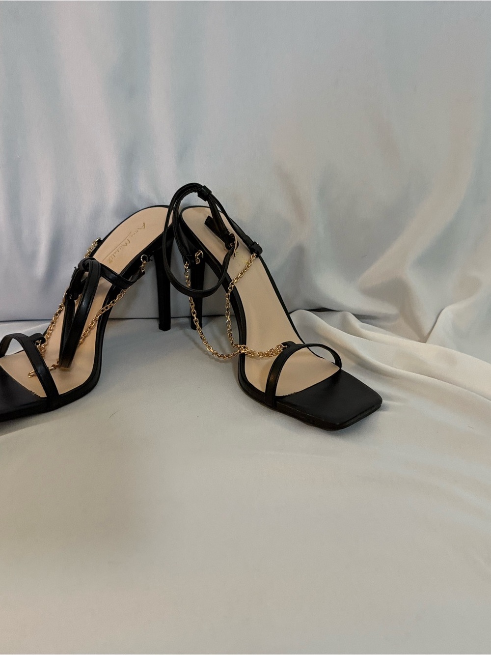 Anne Michelle Black Strappy Heeled Sandals with Gold Chain
